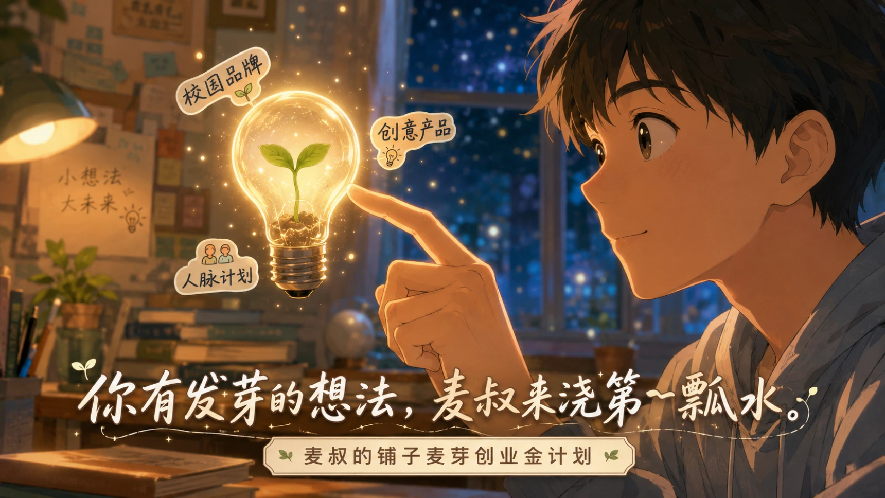 提供创业基金支持
麦叔的铺子麦芽创业金计划,为大学生的梦想和好项目提供 启动资金与资源支持。
无论你是想做一个小而美的校园品牌,还是一个改变生活的创意产品,只要你有清晰的计划和热情,都可以申请。
今天在校园里发芽的每一个想法,未来都可能长成参天大树,麦叔愿意做那个浇第一瓢水的人。